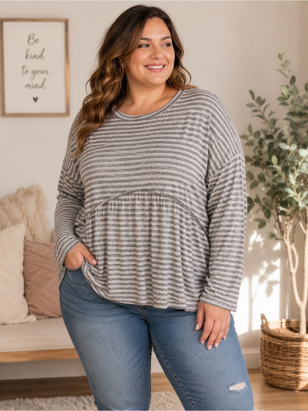 Rewind Gray Striped Women's Shirt